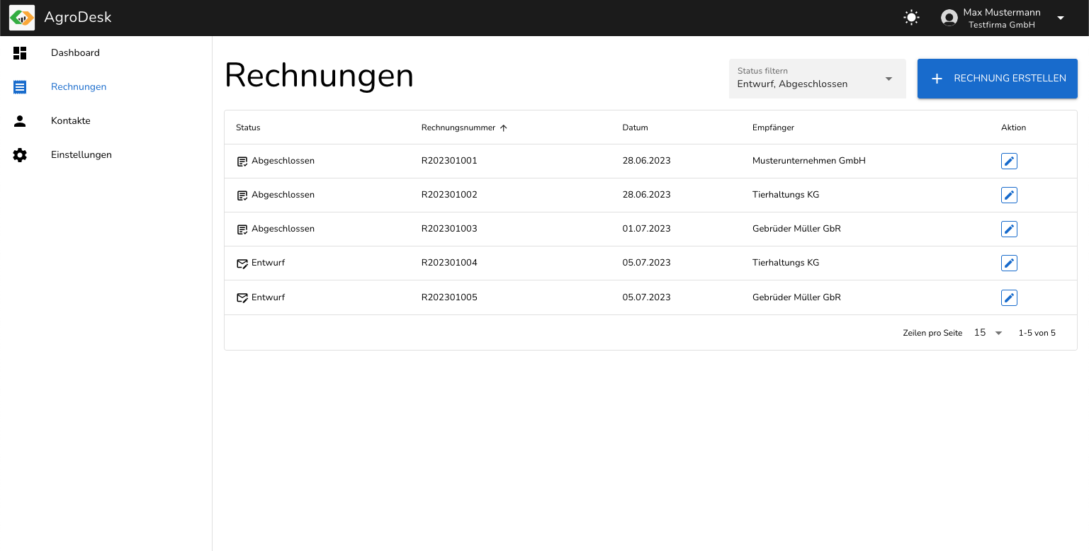 Screenshot der AgroDesk Software, die eine Rechnungsübersicht zeigt