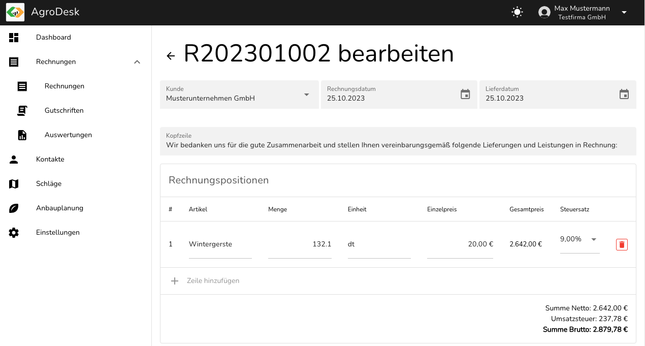 Screenshot der Rechnungserstellung in AgroDesk